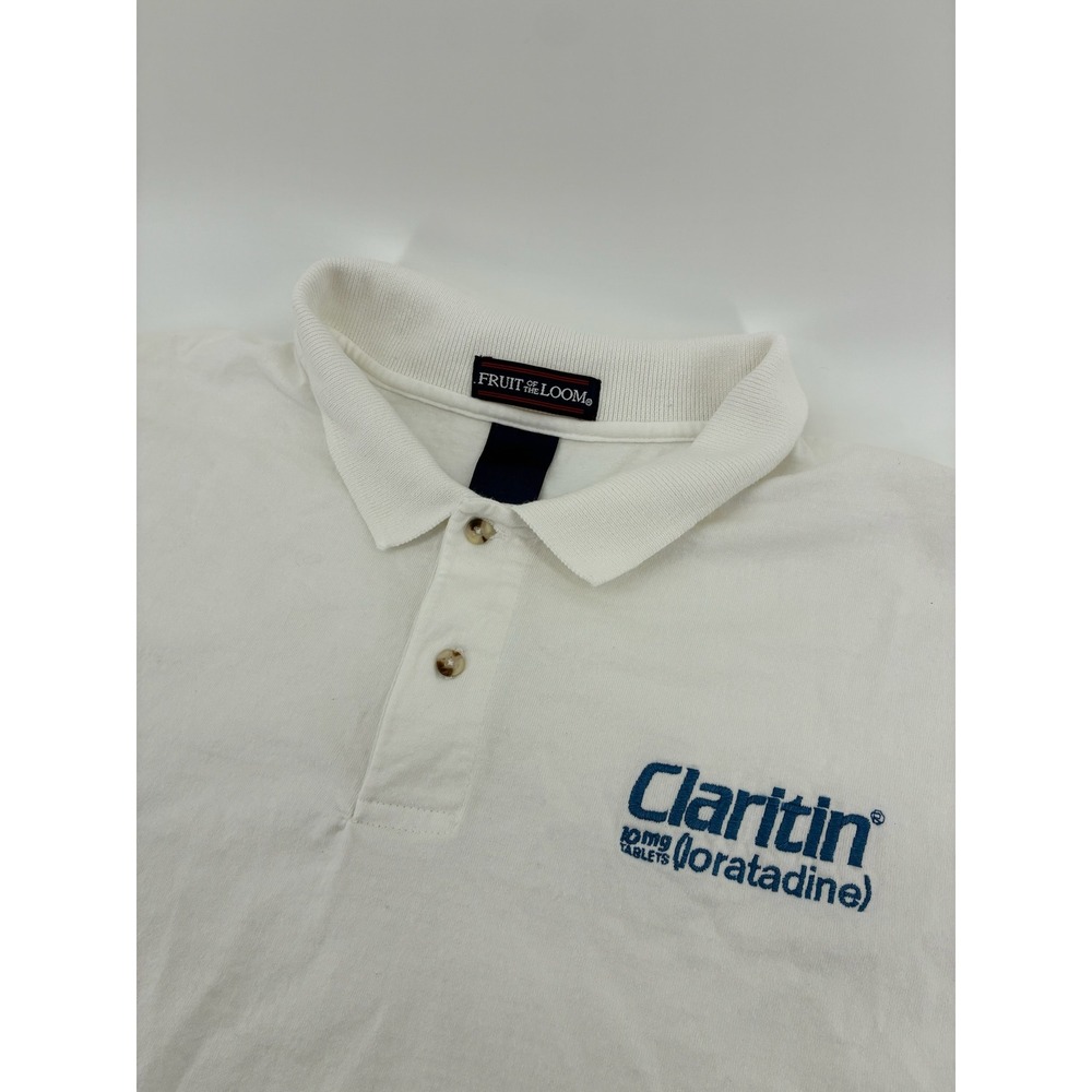 VNTG Drug Fruit of the Loom Claritin Loratadine Pharma Promo Polo Shirt White XL